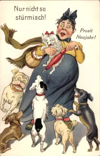 Ak Glückwunsch Neujahr, Frau, Hunde
