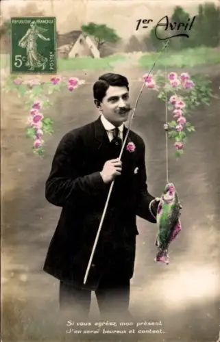 Ak Glückwunsch 1. April, Mann, Fisch Angelrute
