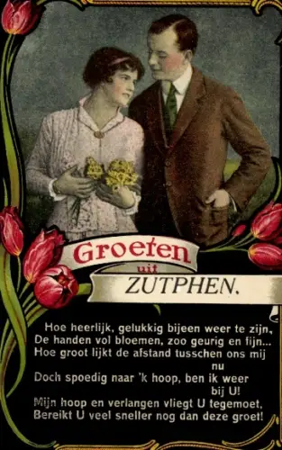 Gedicht Passepartout Ak Zutphen Gelderland, Grüße aus, Liebespaar