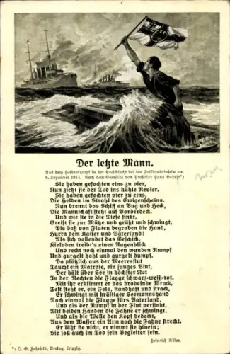 Gedicht Ak Der letzte Mann, Heinrich Röser, Heldenkampf, Falklandinseln 1914
