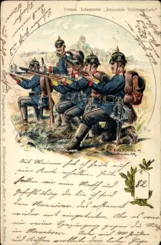 Künstler Litho Henckel, C., Preußische Infanterie, Kniende Schützenlinie