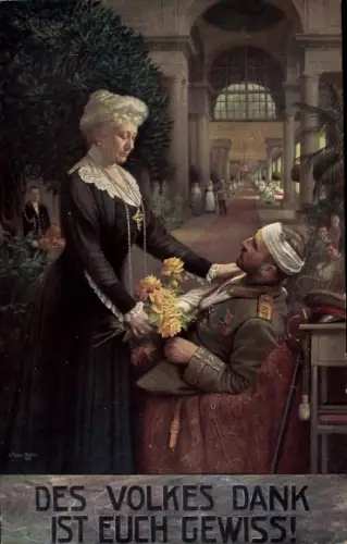 Künstler Ak Fischer, Des Volkes Dank ist euch gewiss,Kaiserin Auguste Viktoria besucht Kriegsveteran