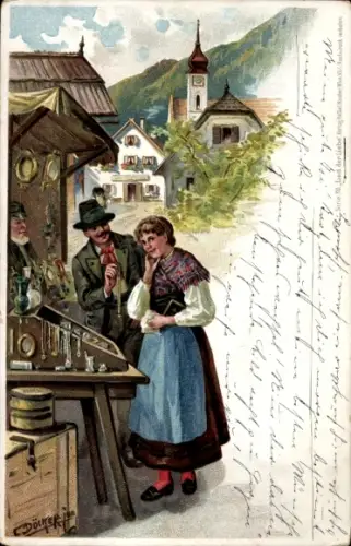 Künstler Litho Döcker, E., Liebespaar beim Schmuckhändler, Kirche