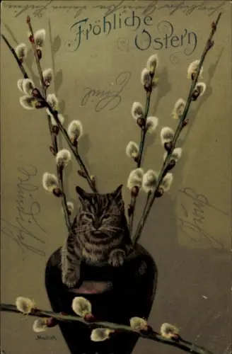Künstler Ak Mailick, Katze, Glückwunsch, Ostern, Weidenkätzchen