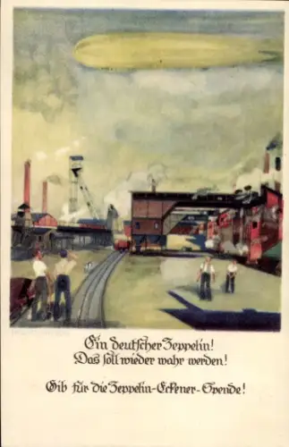 Künstler Ak Amtsberg, Otto, Ein Deutscher Zeppelin, Eckener Spende, Luftschiff, Industrieanlagen