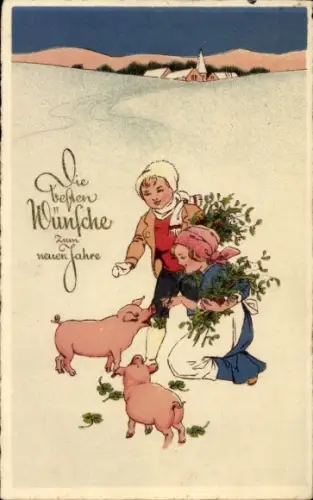 Ak Glückwunsch Neujahr, Kinder, Schweine, Mistelzweige