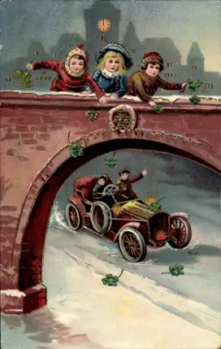 Ak Kinder auf der Brücke, Glücksklee, Automobil