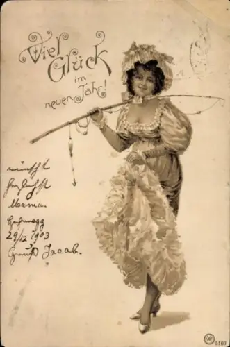 Litho Glückwunsch Neujahr, Frau mit Angelrute