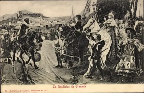 Künstler Ak Kapitulation von Granada im Jahr 1492, Emir, katholische Könige
