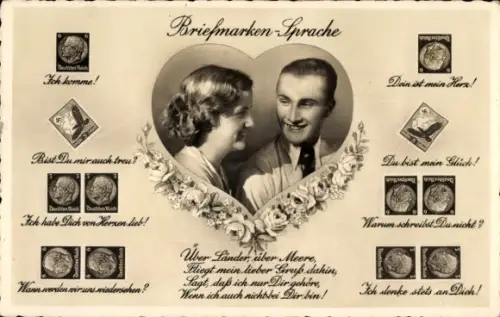 Ak Briefmarkensprache, Liebespaar