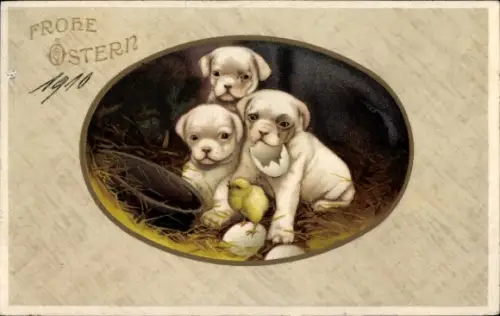 Künstler Ak Glückwunsch Ostern, Küken, Hunde