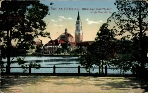 Ak Kiel,  Am kleinen  Stadttheater, Rathausturm