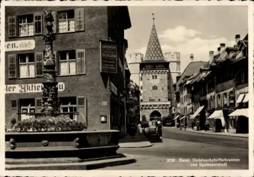 Ak Basel Stadt Schweiz, Dudelsackpfeifferbrunnen und Spalenvorstadt
