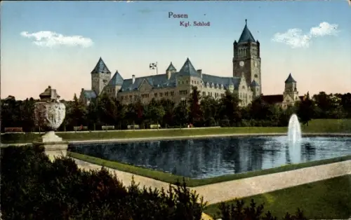 Ak Poznań Posen, Königliches Schloss, Brunnen, Parkanlage