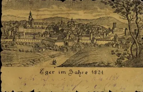 Künstler Ak Cheb Eger Region Karlsbad, Gesamtansicht im Jahre 1824