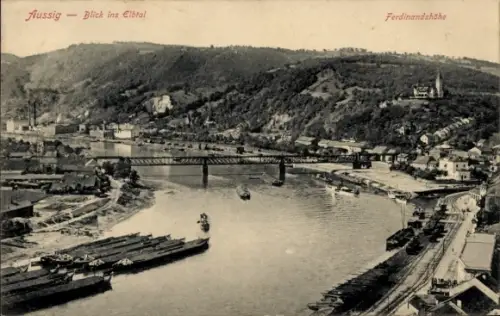 Ak Ústí nad Labem Aussig Elbe Stadt, Blick ins Elbtal, Ferdinandshöhe, Brücke, Binnenschiffe