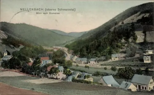 Ak Mellenbach Glasbach im Schwarzatal Thüringen,  oberes Schwarzatal, Blick nach Blumenau