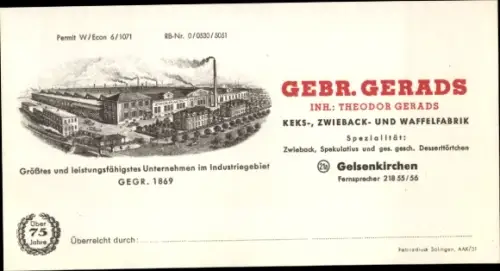 Ak Gelsenkirchen im Ruhrgebiet, Gebrüder Gerards Kekr-, Zwieback- und Waffelfabrik