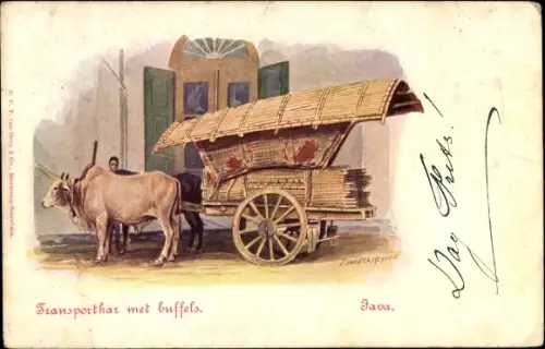 Künstler Ak Java Indonesien, Transportkaz met buffels, Rinderkarren