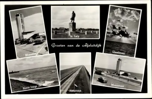 Ak Afsluitdijk Friesland, Monument, Ir Lely, Ijsselmeer, Storm langs de dijk