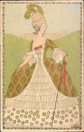 Künstler Ak Marbach, M., Frau-Porträt, Kleid, Gehstock