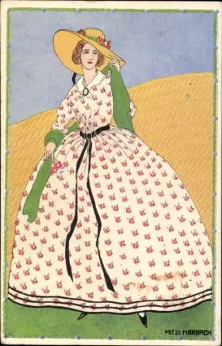 Künstler Ak Marbach, M., Frau-Porträt, Kleid, Hut