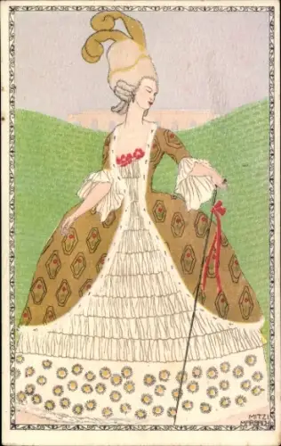 Künstler Ak Marbach, M., Frau-Porträt, Kleid, Gehstock