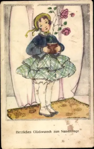Ak Glückwunsch Namenstag, Mädchen mit Blumen