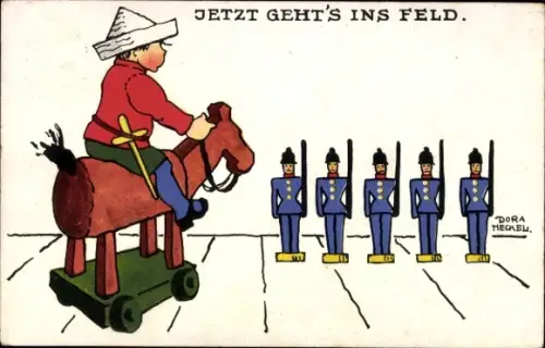 Künstler Ak Dora Heckel, jetzt geht's ins Feld, Kind auf einem Spielzeugpferd, Spielzeugsoldaten