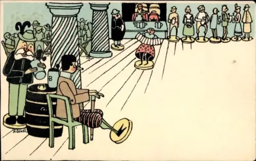 Künstler Ak Vermenschlichte Spielzeuge, Bühne, Musikinstrument, Bier