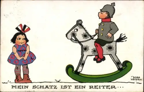 Künstler Ak Heckel, D., Mein Schatz ist ein Reiter, Junge als Soldat, Schaukelpferd