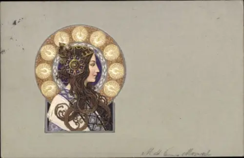 Präge Jugendstil Ak Frau-Porträt, Kopfschmuck