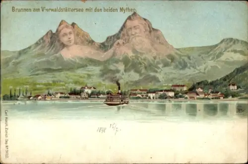 Künstler Ak Brunnen Kt Schwyz, Blick auf den Ort am Vierwaldstättersee, Mythen, Berggesichter