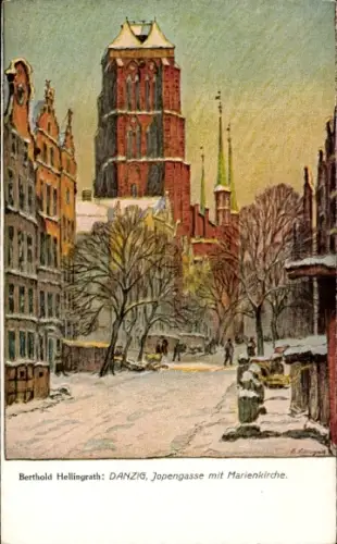 Künstler Ak Hellingrath, B., Gdańsk Danzig, Jopengasse mit Marienkirche, Winteransicht