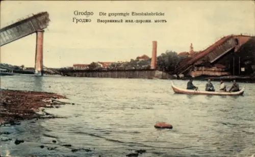 Ak Hrodna Grodno Weißrussland, gesprengte Eisenbahnbrücke