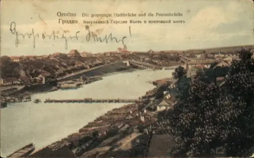 Ak Hrodna Grodno Weißrussland, gesprengte Stadtbrücke und die Pontonbrücke