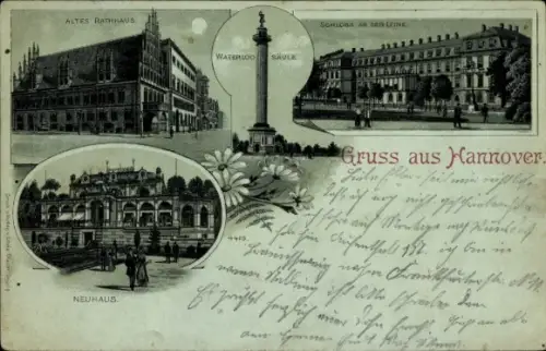 Mondschein Litho Hannover in Niedersachsen, Neuhaus, Waterloo Säule, Schloss