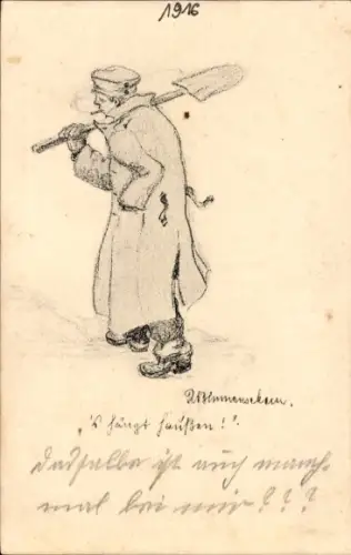 Künstler Ak Blumenschein, Rauchender Soldat in langem Mantel mit Schaufel