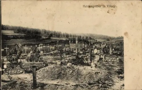 Ak Vilcey Meurthe et Moselle, Auf der Vorderseite ist ein Soldatenfriedhof mit Holzkreuzen zu ...