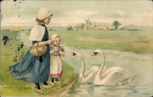Litho Kinder in Niederländischen Trachten, Schwäne