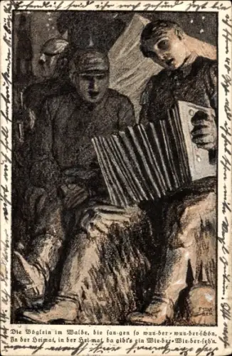 Künstler Ak Staeber, F., Die Vöglein im Walde, die sangen so wunderschön, Soldat, Akkordeon, I. WK