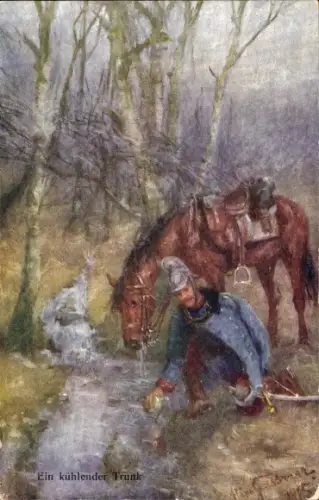 Künstler Ak Kühlender Trunk, KuK-Soldat, Pferd, Fluss
