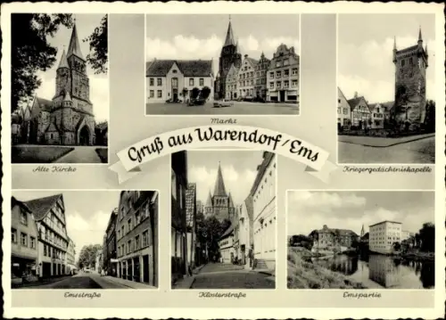 Ak Warendorf Westfalen, Kriegergedächtniskapelle, Klosterstraße, Emsstraße, Alte Kirche, Markt