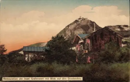 Ak Bad Honnef am Rhein, Insel Grafenwerth, Restauration Insel Grafenwert, Blick auf den Drachenfe