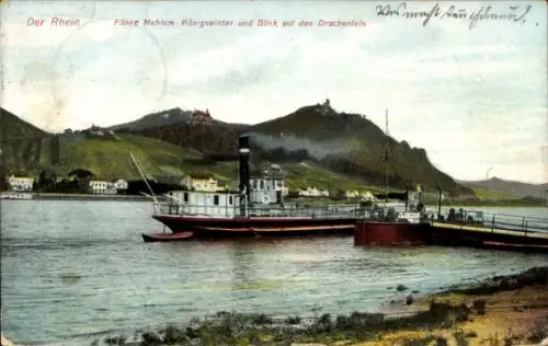 Ak Königswinter am Rhein, Der Rhein, Fähre Mehlem-Königswinter, Blick auf den Drachenfels
