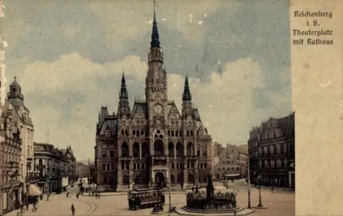 Ak Liberec Reichenberg in Böhmen, Theaterplatz mit Rathaus