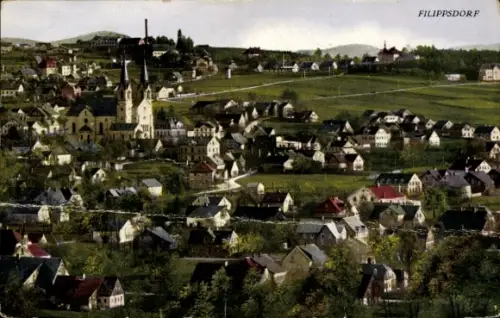 Ak Filipov Filippsdorf Reg. Aussig, Totalansicht der Ortschaft, Kirche