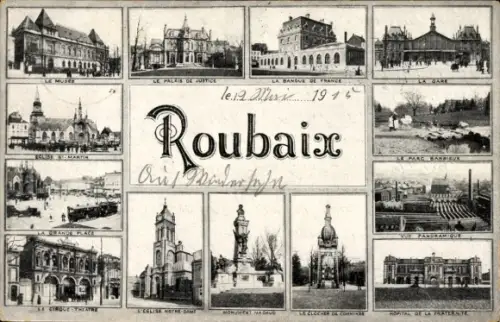 Ak Roubaix Nord,  Palais de Justice, Banque de France, Grande Place, Église Notre-Dame, Parc Barb