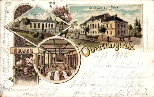 Litho Oberlungwitz in Sachsen, Gasthaus zur Post, Turnhalle