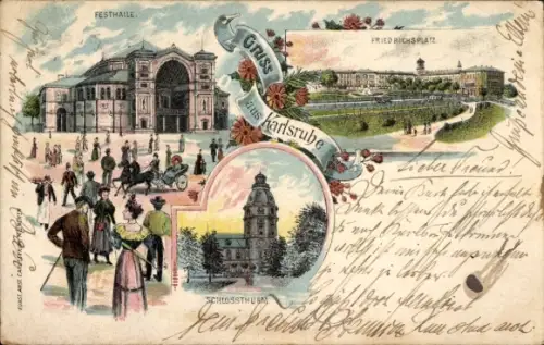 Litho Karlsruhe in Baden, Festhalle, Friedrichsplatz, Schlossturm